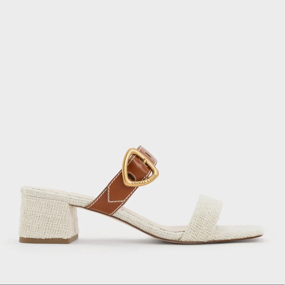Charles & Keith *NEW* Sepphe Tweed Square Toe Heel Mules - white Gold Sz 7